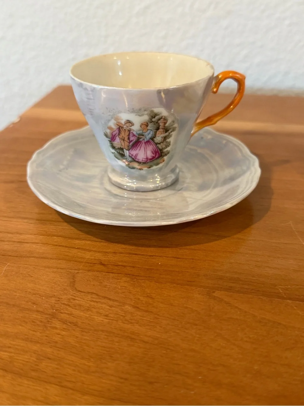 Vintage Lusterware Teacup & Saucer Set – Japan – Courting Couple Scene Pearlized